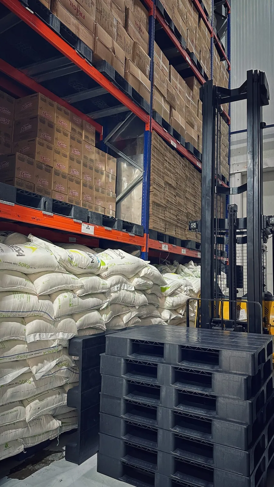Bodega con producto en rack sobre pallets plásticos