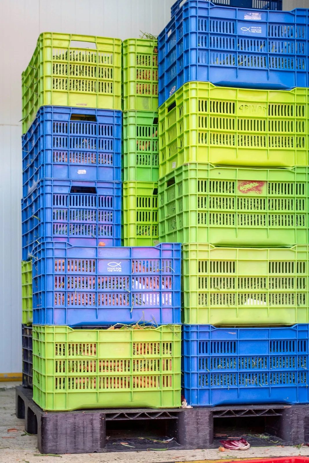 Cajas de producto agrícola estibadas sobre un pallet plástico